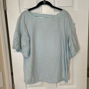 EUC loft light blue ruffle blouse with cut out back